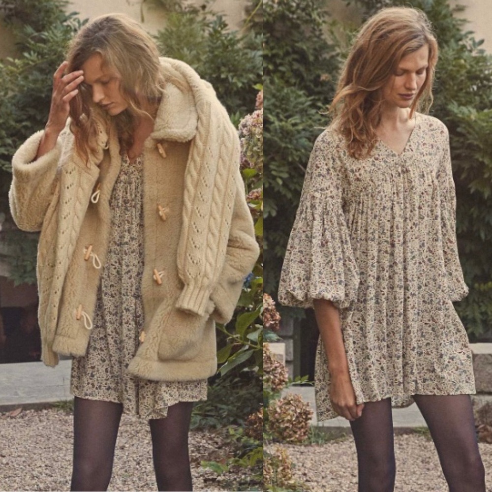 NWT DOEN sz M Pietra Silk Dress Cream Saint Claude Paisley Balloon Sleeve V-neck
